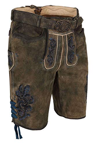 Spieth & Wensky Herren Lederhose kurz mit Gürtel Wurzel mit blaumelierter Stickerei, Wurzel/ST 1519 JEANSMELEIRT, 54 von Spieth & Wensky