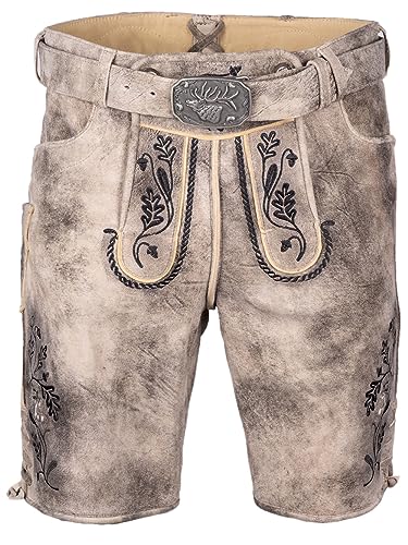Spieth & Wensky Lederhose Baxter mit Gürtel grau | helle Ledershort aus Ziegenvelours-Leder | Stickerei schwarz Gr 52 von Spieth & Wensky