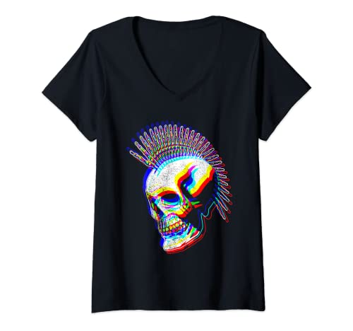 Damen Punk Skelett Punk T-Shirt mit V-Ausschnitt von Spiky Hairstyles Punk