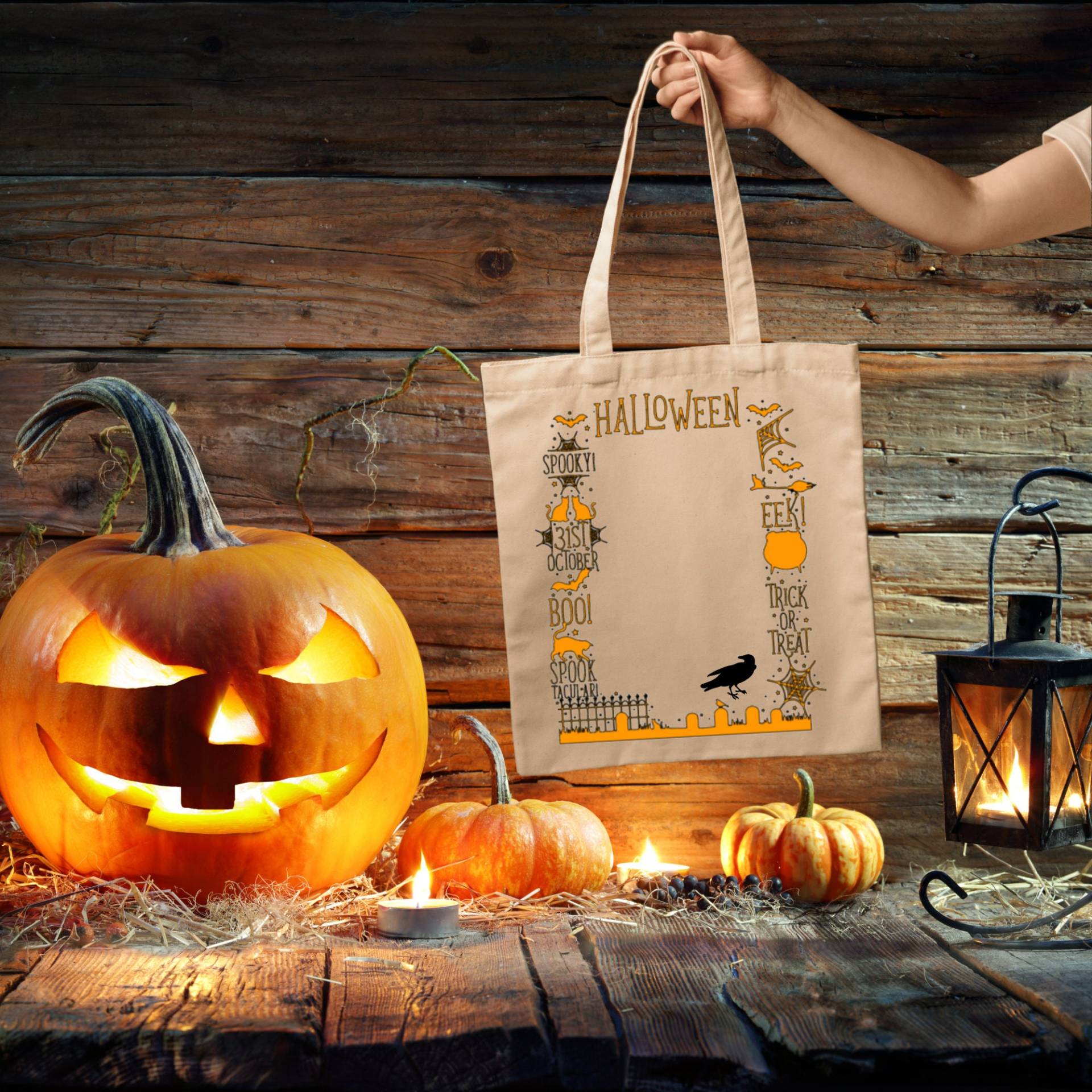 Halloween Border Tasche, 14x16 Baumwolle, Totebags, Wiederverwendbar, Natürliche Farbe, Trick Oder Leckerli Kürbisse, Krähen, Niedliche Tasche von SpillMyBeans