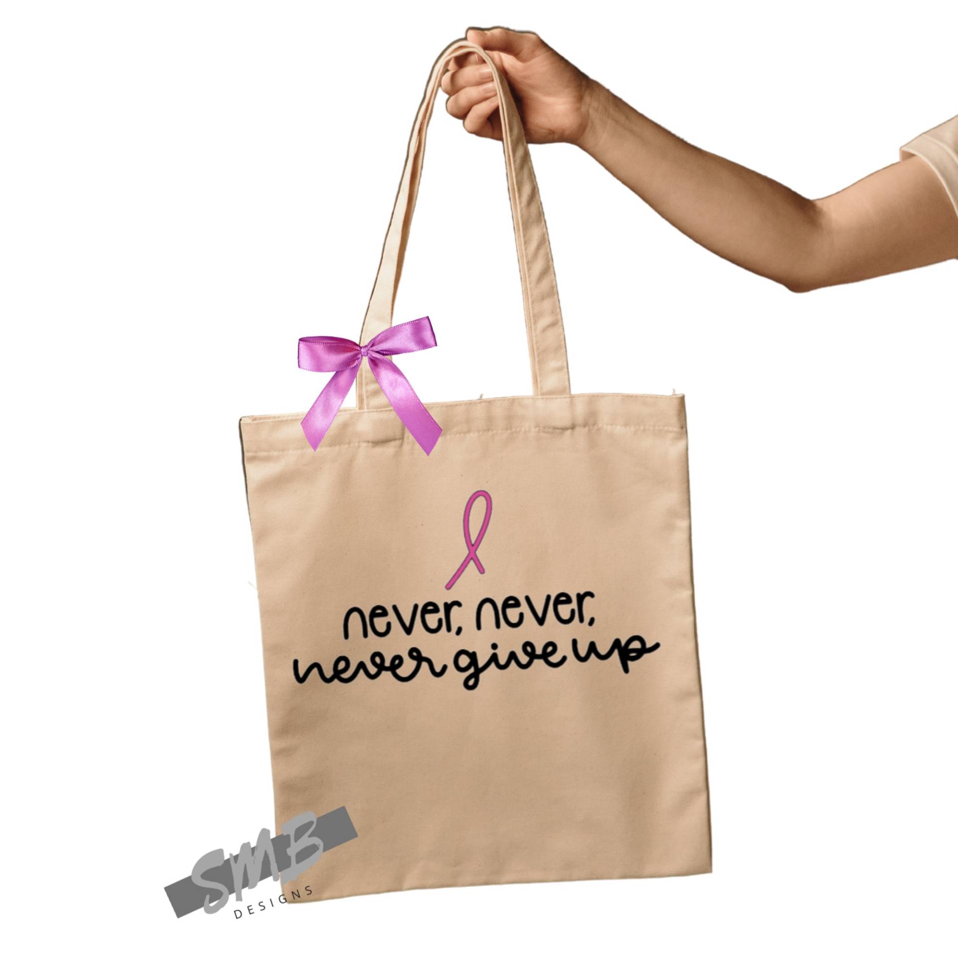 Never Give Up Pink Krebs Tasche, 14x16 Baumwolle, Bewusstsein, Oktober, Natürliche Farbe, Geschenk, Umweltfreundlich, Wiederverwendbar, Niedlich von SpillMyBeans