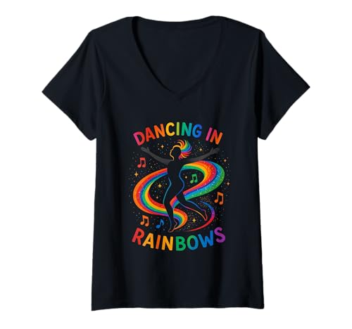 Damen Dancing in Rainbows Joyful Expression Pride Thema T-Shirt mit V-Ausschnitt von Spin Free Dance Bold Rainbow Beats