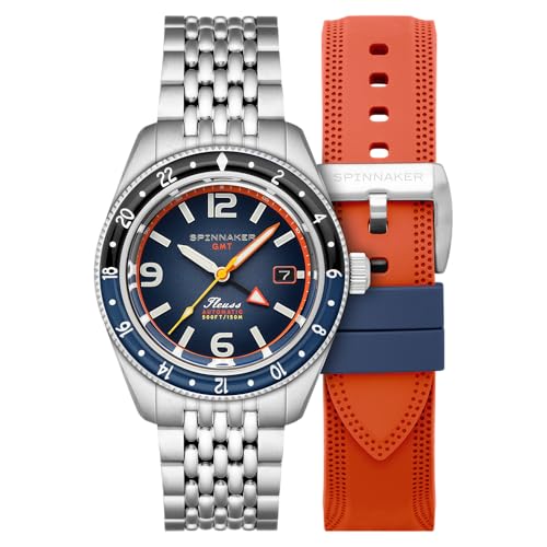 Spinnaker Herren 43 mm Fleuss GMT Automatikuhr mit massivem Edelstahlarmband SP-5120, dunkelblau, Armband von Spinnaker
