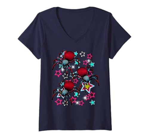 Damen Retro Halloween Spinnen 60er Sterne Spinne T-Shirt mit V-Ausschnitt von Spinne Halloween Spinnen