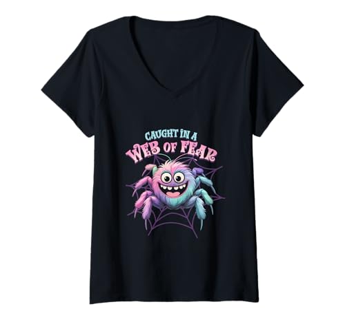 Damen Arachnophobie Spinnenphobie Caught In A Web Of Fear T-Shirt mit V-Ausschnitt Damen Arachnophobie Spinnenphobie Caught In A Web Of Fear T-Shirt mit V-Ausschnitt von Spinnenphobie Arachnophobiker