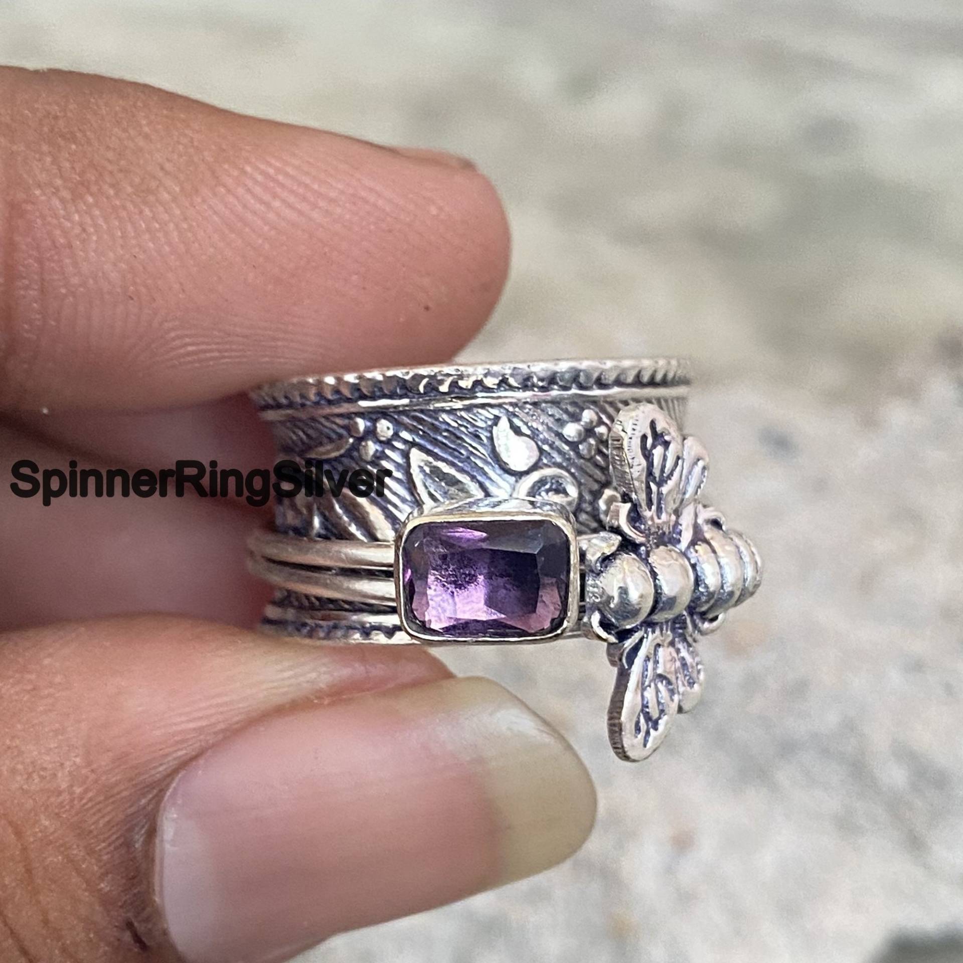 Amethyst Edelstein Ring, Massiver 925 Sterling Silber Spinner Damen Handgemachter Honigbienen Fidget Weihnachtsgeschenk, Sk583 von SpinnerRingSilver