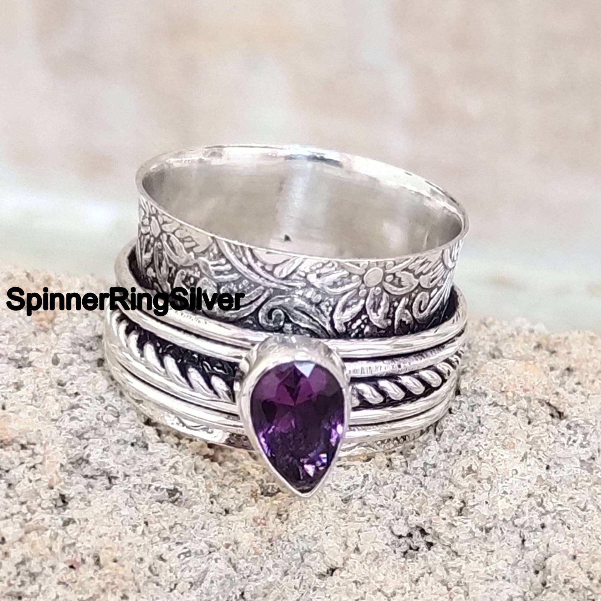 Amethyst Spinner Ring, Edelstein 925 Sterling Silber, Handgemachter Meditation Ehering, Jahrestag Frauen Sk520 von SpinnerRingSilver