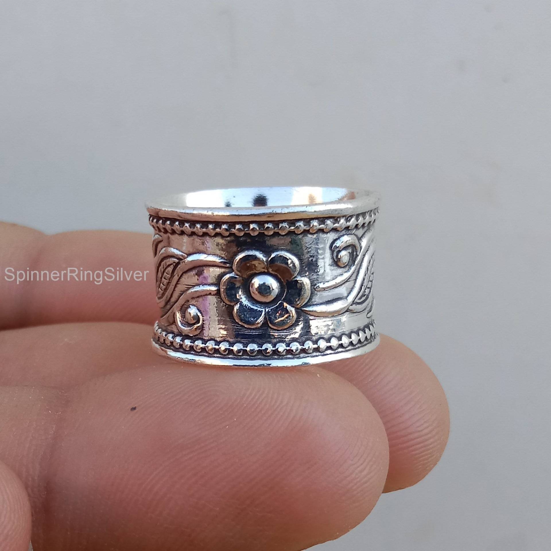 Blumen Band Ring, 925 Sterling Silber Daumen Bandring Silber, Handgefertigter Meditation Frauen Silberschmuck, Sk1177 von SpinnerRingSilver