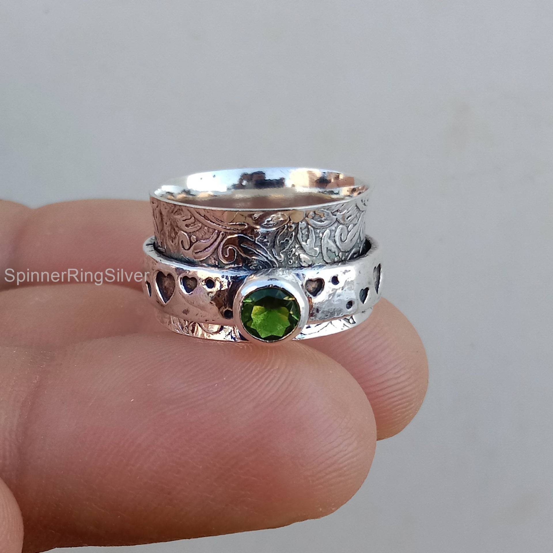 Peridot Spinner Ring, Handgemachter 925 Sterling Silber Frauen Herz Schmuck, Geschenke Für Mama, Angst Sk1175 von SpinnerRingSilver