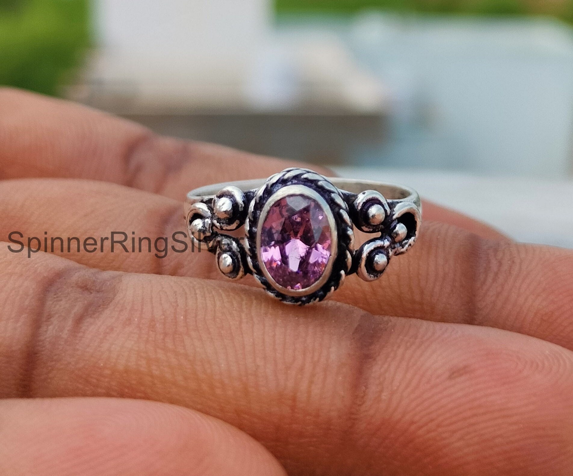 Rosenquarz Ring, 925 Sterling Silber Zierlicher Handgemachter Boho Damenring, Ehering, Statement Sk854 von SpinnerRingSilver