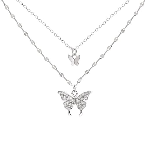 SpirWoRchlan 925 Sterling Silber Halskette Glänzende Schmetterling Quaste Halskette Weibliche Doppelschicht Anhänger Schlüsselbein Kette Hochzeit Party Schmuck Silber von SpirWoRchlan