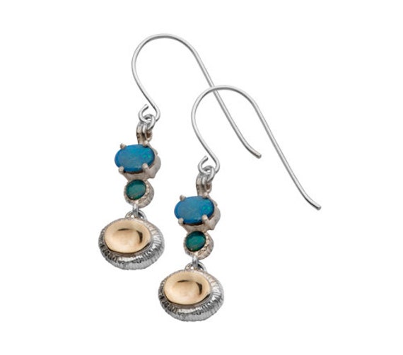 Blaue Opal Steine Zweifarbige Solide 9 Karat Gelbgold Und 925 Sterling Silber Drop/Baumeln Ohrringe Fast & Free Versand Edelstein Ohrring von SpiraJewels