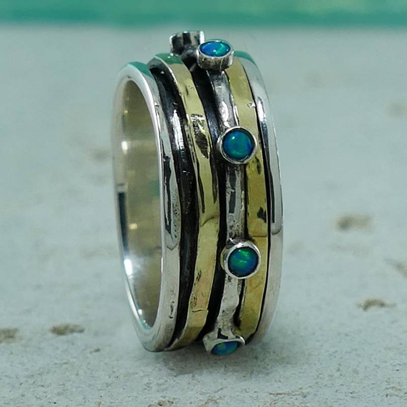 Blauer Opalstein Zweifarbig Massiv 9 Karat Gelbgold Und 925 Sterling Silber Spinner Ring Set Fassung, Edelsteinring, Gemischter Metallring von SpiraJewels
