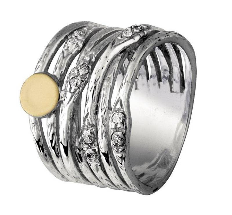 Funkelnder Ring Zwei Ton Solide 9K Gelb Gold Und 925 Sterling Silber Wrap Zirkonia Stein Set Einstellung, Großer Ring, Mixed Metal von SpiraJewels