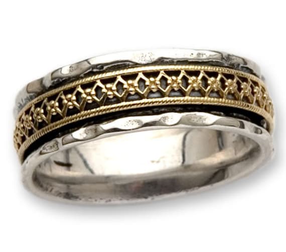 Handgefertigter Verlobungsring Vintage Design Two Tone Solid 9 Karat Gelbgold & 925 Sterling Silber Band Ring Gemischter Metallring Ehering von SpiraJewels