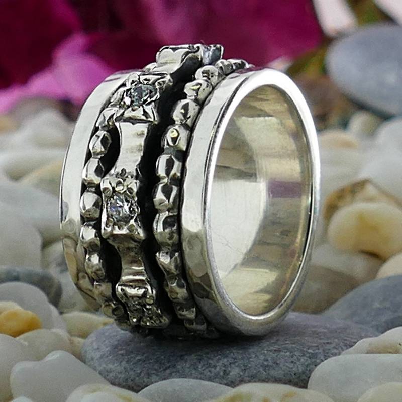 Mixed Metal Spinner Ring Zirkonia Stein 925 Sterling Silber Handgefertigte Ringfassung, Großer Ring, Oxidierter Silber-Fidget-Ring, Sorgenring von SpiraJewels