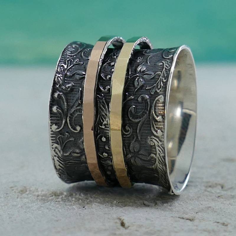 Spira Einzigartiger Handgefertigter Vintage-Design-Zweifarbiger Spinner-Ring Aus Massivem 9 Karat Gelb-Und Roségold Und 925Er Sterlingsilber von SpiraJewels