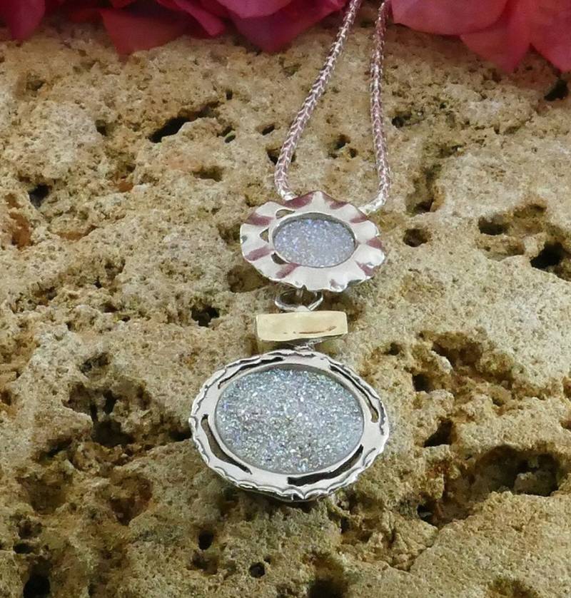 Spira Handgefertigte Two Tone Solid 9K Gelbgold Und 925 Sterling Silber Weiß Achat Druzy Steine Seil Anhänger Kette Mixed Metal Halskette von SpiraJewels