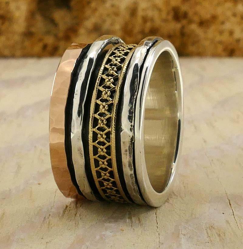 Spira Handgefertigter Spinner-Ring Im Vintage-Design Aus Massivem 9-Karätigem Gelb - Und Roségold 925Er Sterlingsilber, Oxidierter Silber von SpiraJewels