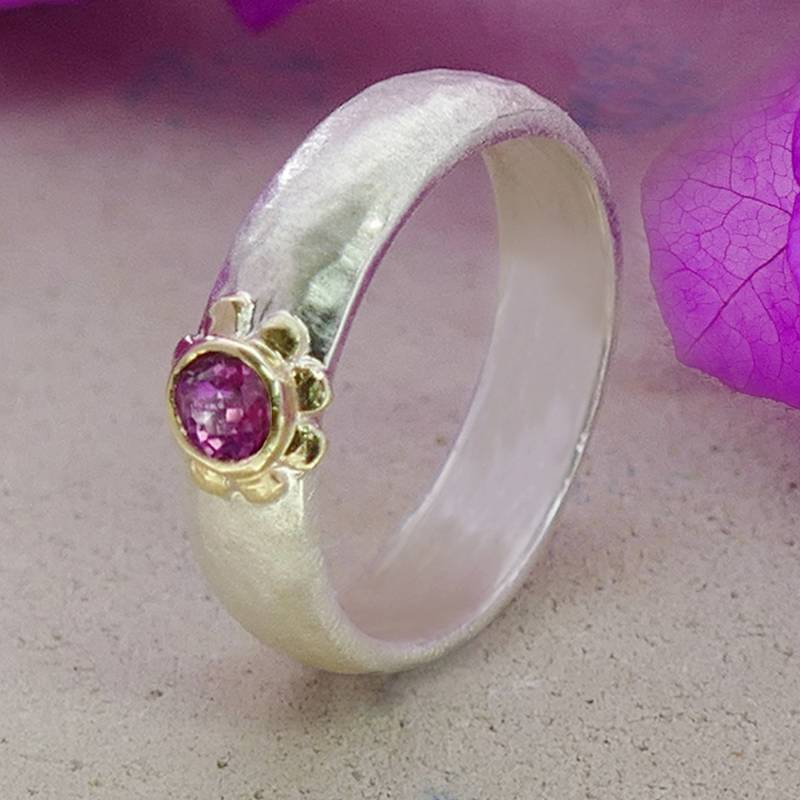 Turmalin Mixed Metal Ring Natürlicher Rosa Edelstein Zwei Ton Solide 9K Gelb Gold & 925 Sterling Silber Solitär von SpiraJewels