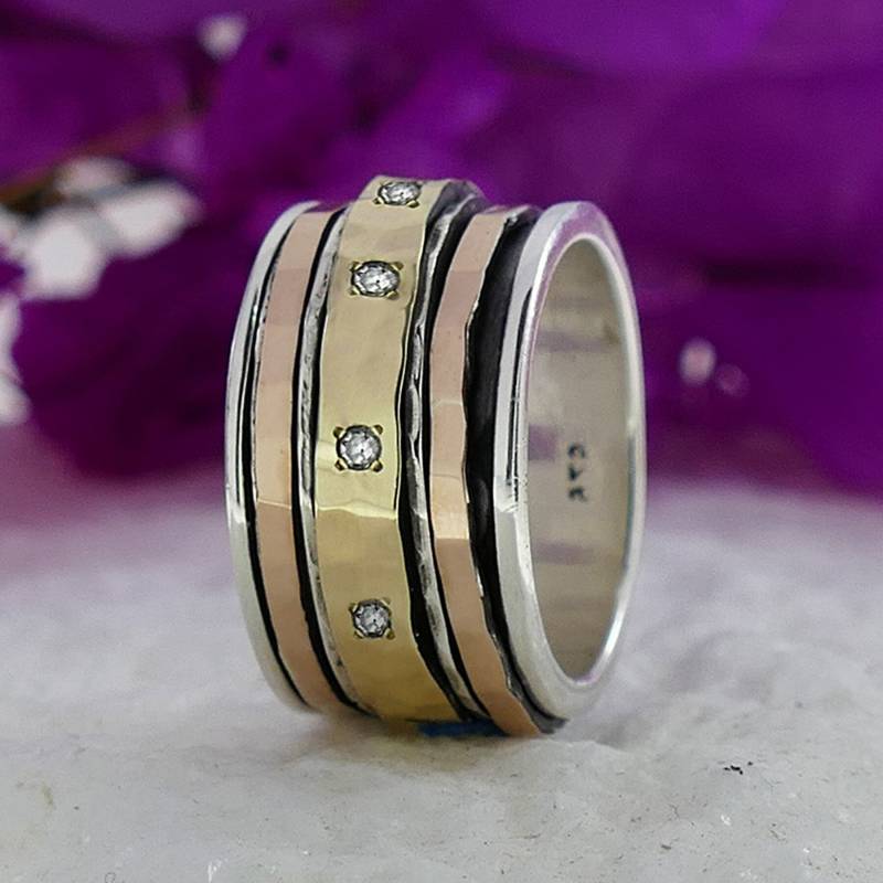 Unique Mixed Metal Spinner Ring Cubic Zirconia Stone Two Tone Solid 9K Yellow & Rose Gold 925 Sterling Silver Set Setting, Bohemian Ring von SpiraJewels