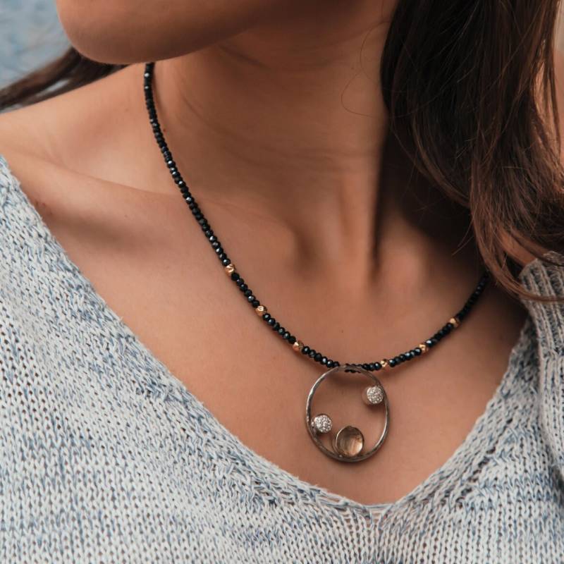 Zwei Ton Solid 9K Gelbgold Und 925 Sterling Silber Schwarz Cristal Weiß Zirkonia Steine Perlen Halskette Schnelle Kostenlose Lieferung von SpiraJewels