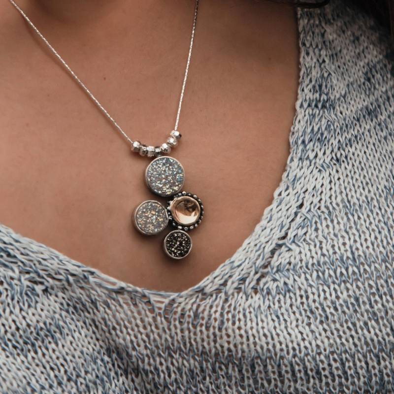 Zwei Ton Solide 9K Gelb Gold Und 925 Sterling Silber Weiß & Grau Achat Druzy Steine Anhänger Kette Schnell N Kostenloser Versand von SpiraJewels