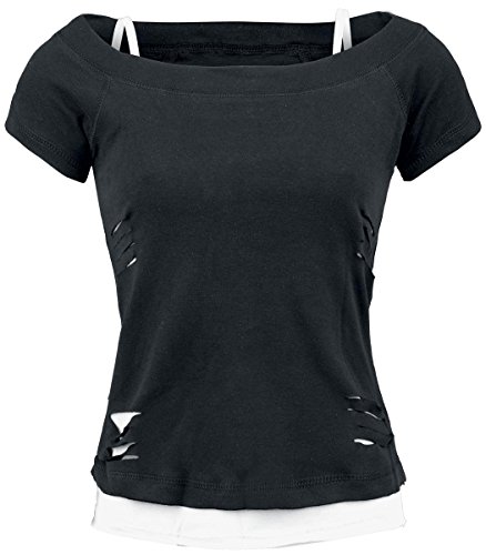 Spiral Direct Damen Urban Fashion-2in1 Ripped Top T-Shirt, Schwarz (Black & White 008), 42 (Herstellergröße: Large) von Spiral