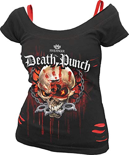 Spiral Direct Damen 5fdp-Assassin-Licensed Band 2in1 Ripped Top T-Shirt, Schwarz (Black & Red 005), 42 (Herstellergröße: Large) von Spiral