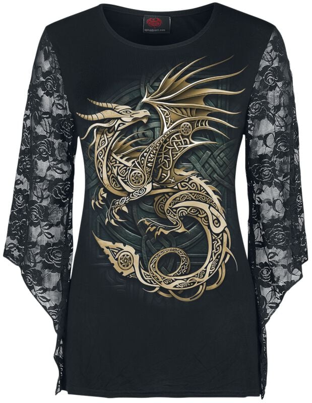 Spiral Langarmshirt - Celtic Dragon - F RoseLace Sleeve Top - S bis XXL - für Damen - Größe S - schwarz von Spiral