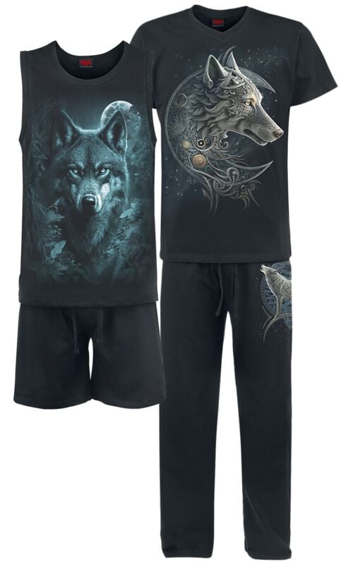 Spiral Schlafanzug - Celtic Wolf - 4Pc Mens Gothic Pyjama Set - S bis XXL - für Männer - Größe L - schwarz von Spiral