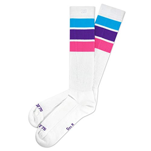 Spirit of 76 Herren & Damen Hohe Retro Socken mit Streifen Baumwolle 43 44 45 46 Weiß - Türkis - Lila - Pink Hi (L) von Spirit of 76