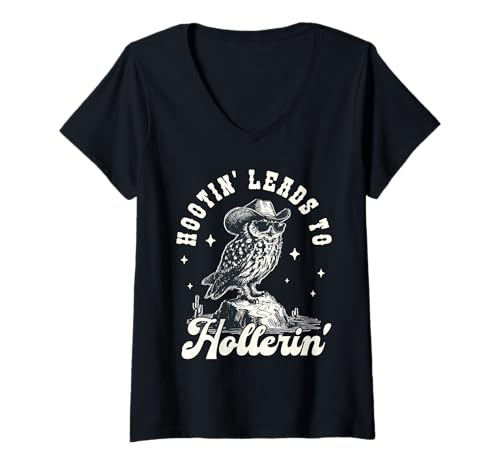 Damen Hootin' Leads to Hollerin' Western Owl T-Shirt mit V-Ausschnitt Damen Hootin' Leads to Hollerin' Western Owl T-Shirt mit V-Ausschnitt von Spirited Owl Apparel