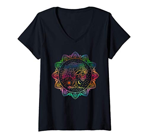 Damen Mandala Moon Tree of Life | Spiritual Chakra Gift T-Shirt mit V-Ausschnitt von Spiritual 7 Chakra Inspirational Sayings TShirts