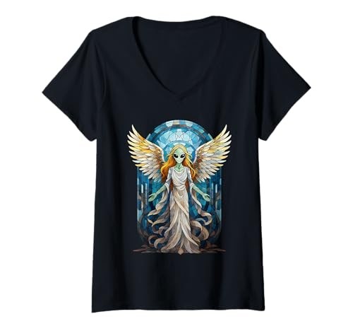 Damen Buntglas Alien Engel Kathedrale Fenster Mosaik T-Shirt mit V-Ausschnitt Damen Buntglas Alien Engel Kathedrale Fenster Mosaik T-Shirt mit V-Ausschnitt von Spiritual Angel Alien Funny Divine Cosmic Sci Fi