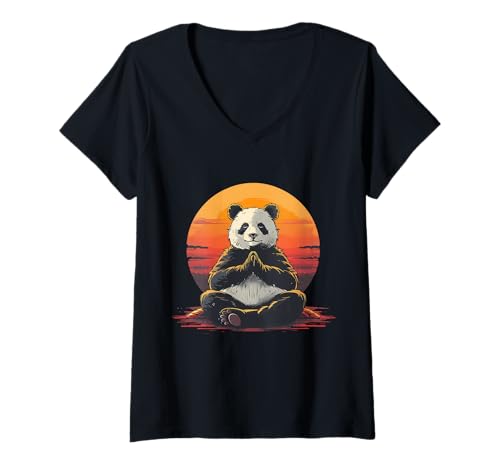 Damen Meditationsbär Zen Buddha Hindu, Buddhistisch, Sonnenuntergang, Yoga T-Shirt mit V-Ausschnitt von Spiritual Buddha Mediation