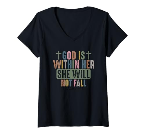 Damen God is Within She Will Not Fall Faithful Strength T-Shirt mit V-Ausschnitt Damen God is Within She Will Not Fall Faithful Strength T-Shirt mit V-Ausschnitt von Spiritual Empowerment Faith Strength Inspiration