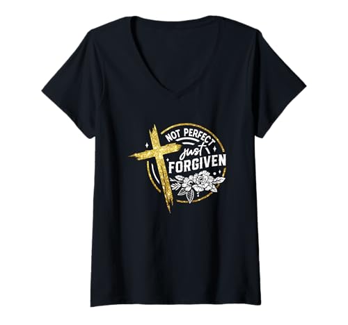Damen Nicht perfekt, nur vergeben, Kreuzbotschaft T-Shirt mit V-Ausschnitt Damen Nicht perfekt, nur vergeben, Kreuzbotschaft T-Shirt mit V-Ausschnitt von Spiritual Faith Christian Quotes