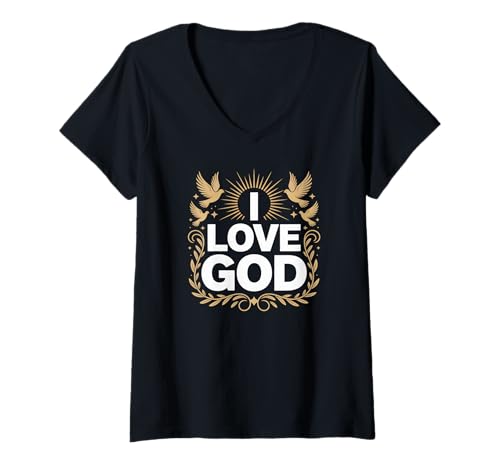 Damen Ich liebe Gott Spiritueller Glaube Hingabe Sonne T-Shirt mit V-Ausschnitt von Spiritual Faith Devotion Peaceful Doves