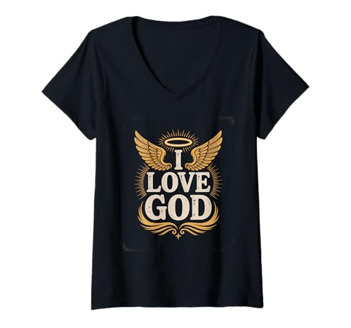 Damen I Love God Engelsflügel Heiligenschein spirituell T-Shirt mit V-Ausschnitt Damen I Love God Engelsflügel Heiligenschein spirituell T-Shirt mit V-Ausschnitt von Spiritual Faith Inspiration Religion Belief