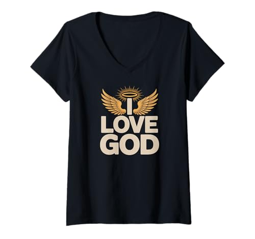 Damen I Love God Religiöse Engelsflügel Heiligenschein T-Shirt mit V-Ausschnitt Damen I Love God Religiöse Engelsflügel Heiligenschein T-Shirt mit V-Ausschnitt von Spiritual Faith Inspirational Devotion
