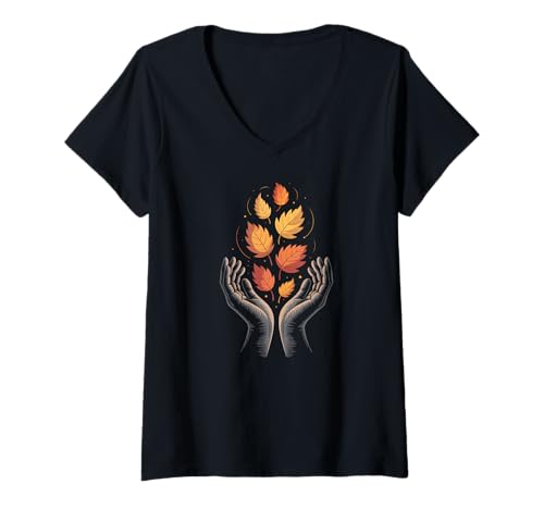 Damen Spirituelle Herbstblätter Minimalistische Herbsthände Loslassen T-Shirt mit V-Ausschnitt von Spiritual Fall Minimalist Apparel Gifts By Anastas