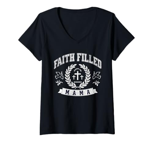 Damen Glaube erfüllte Mama Christliche Mutter Lustiger religiöser Muttertag T-Shirt mit V-Ausschnitt von Spiritual Mother Collegiate Retro Cross God Quote
