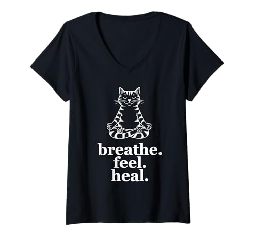 Damen Meditierende Katze fühlen heilende Zen Meditation T-Shirt mit V-Ausschnitt von Spirituelle meditierende freundliche Seele