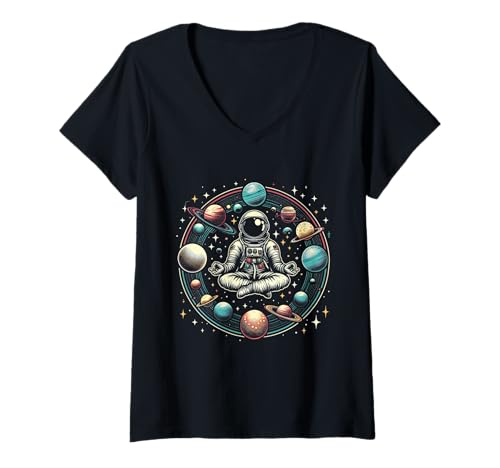 Damen Vintage Lotus meditieren Astronaut Zen Yoga Space Universum T-Shirt mit V-Ausschnitt Damen Vintage Lotus meditieren Astronaut Zen Yoga Space Universum T-Shirt mit V-Ausschnitt von Spiritueller Zen Om Buddhismus