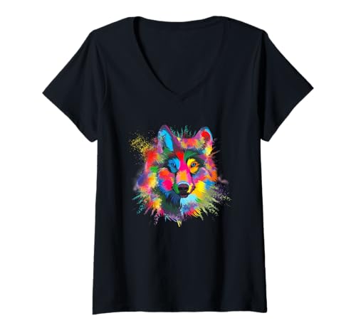 Damen Splash Art Wolf-T-Shirt für Hunde, lustiges Aquarell-Wildlife T-Shirt mit V-Ausschnitt von Splash Art Wolf Watercolor Wildlife Dog Canine Tee
