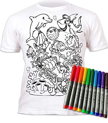 Kinder T-Shirt Jungen Mädchen SEA Life Delfin. Zum Bemalen und Ausmalen mit Vordruck. Mitgeliefert 10 auswaschbare Magic - Malstifte. Kindergeburtstag 5-6 Jahre von Splat Planet