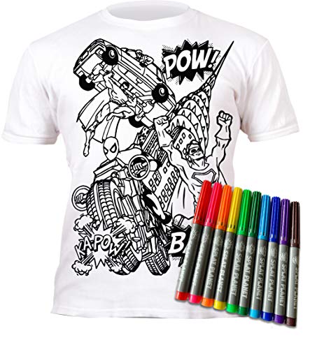 Splat Planet Color-in Superhero Superhelden T-Shirt mit 10 schadstofffreien waschbaren Magic Stiften - Ausmalen und Auswaschen T-Shirt (3-4 Years) von Splat Planet