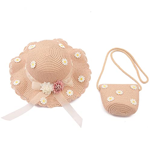 2 Stück Strohhut und Kleine Tasche Set, Mädchen Kinder Sommer Sonnenhut mit Blumendekoratio, Mädchen Strohhut Anzug, für den Urlaub Reise Outdoor-Aktivitäten von Spldsun