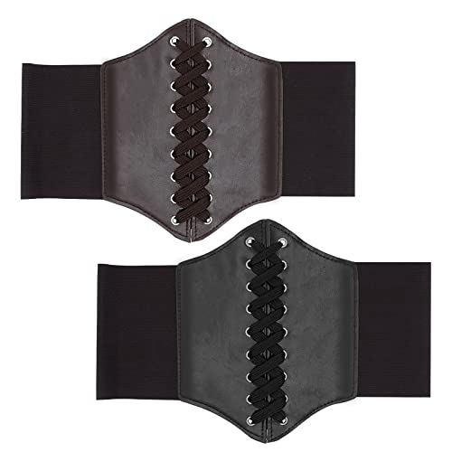 Spldsun 2 Stück Korsett Damen, Leichtgewicht, Corset Belt, Waist Korsett Gürtel Retrof, Schnürkorsett Damen, Leder, Verstellbar, für Damen, Mädchen, Halloween, Rollenspiel (Schwarz, Braun) von Spldsun